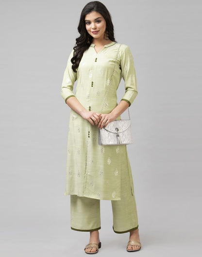 Pista Green Coloured Muslin Slub Foil Printed Kurti With Palazzo | Leemboodi