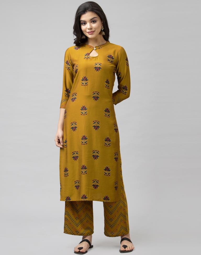 Dusty Mustard Coloured Muslin Foil Printed Kurti With Palazzo | Leemboodi