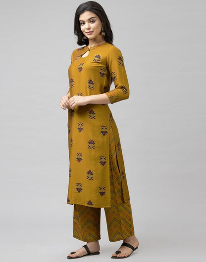 Dusty Mustard Coloured Muslin Foil Printed Kurti With Palazzo | Leemboodi