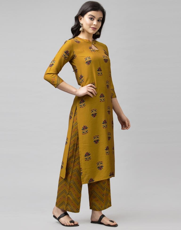 Dusty Mustard Coloured Muslin Foil Printed Kurti With Palazzo | Leemboodi