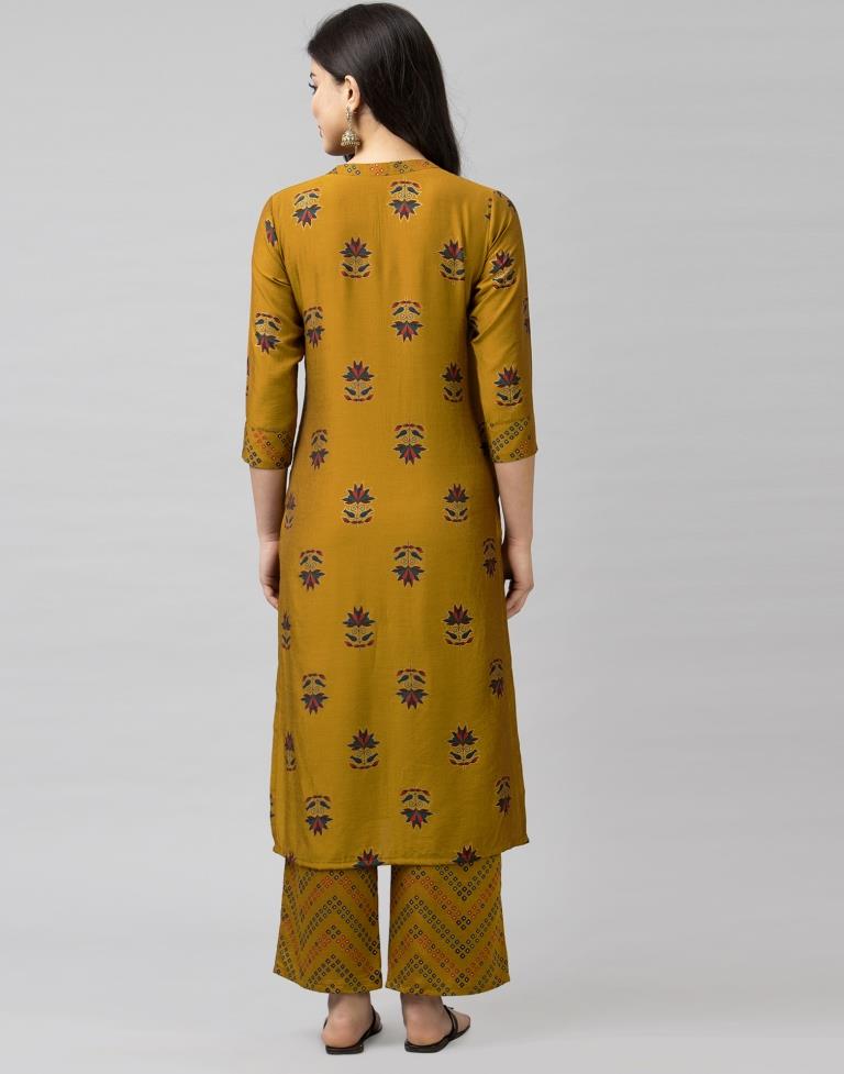 Dusty Mustard Coloured Muslin Foil Printed Kurti With Palazzo | Leemboodi