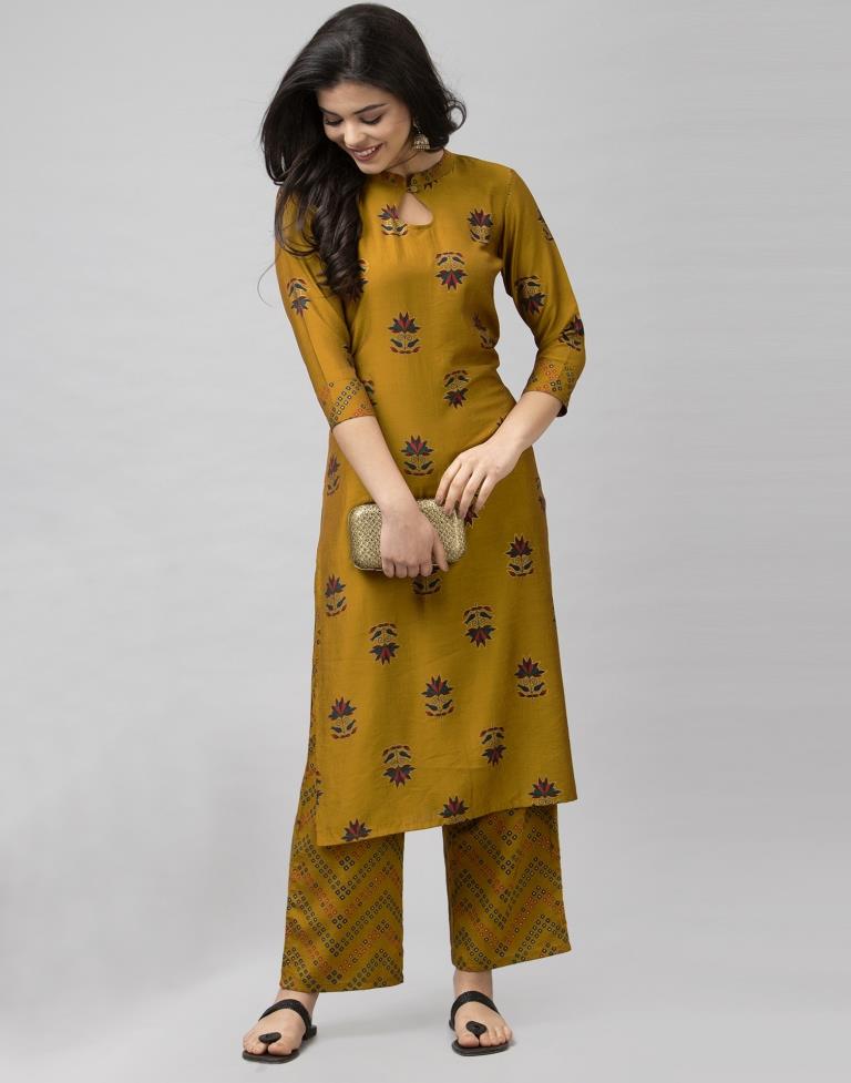 Dusty Mustard Coloured Muslin Foil Printed Kurti With Palazzo | Leemboodi