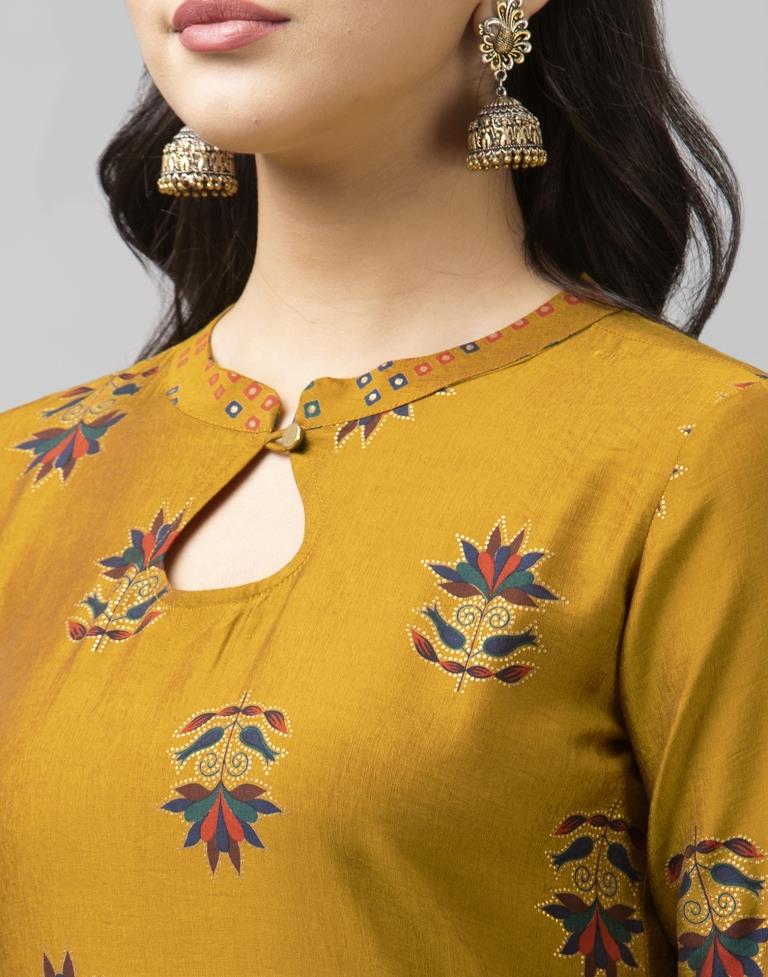 Dusty Mustard Coloured Muslin Foil Printed Kurti With Palazzo | Leemboodi