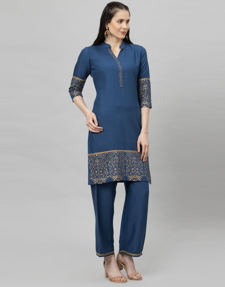 Teal Coloured Cotton Flex Foil Printed Kurti With Palazzo | Leemboodi