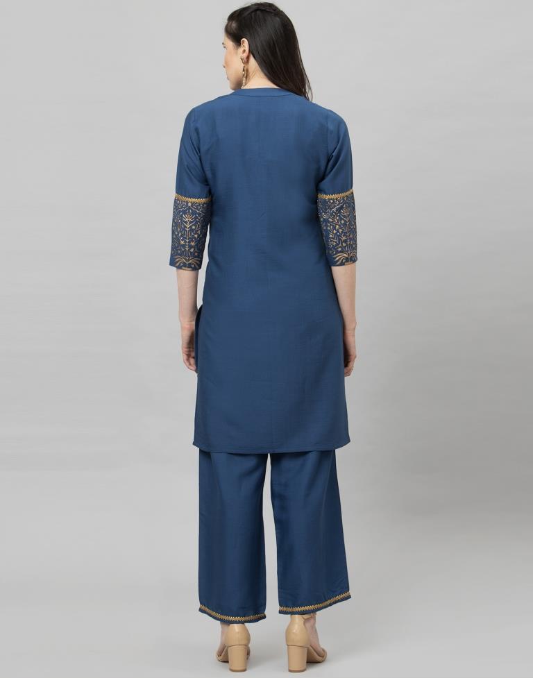 Teal Coloured Cotton Flex Foil Printed Kurti With Palazzo | Leemboodi