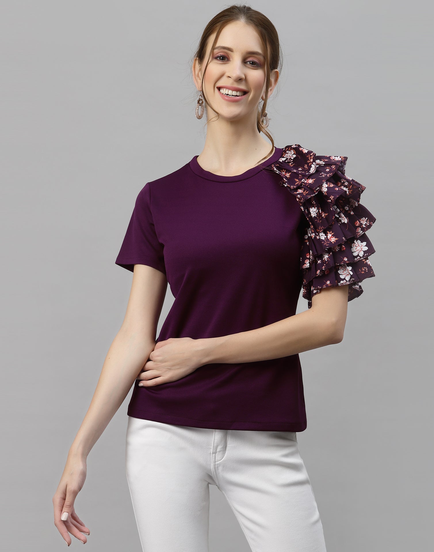 Wine One Side Ruffled Sleeve Top | Sudathi