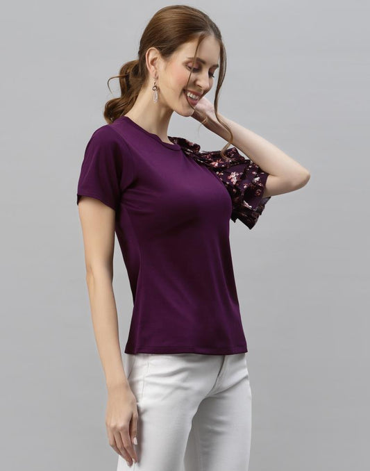 Wine One Side Ruffled Sleeve Top | Sudathi