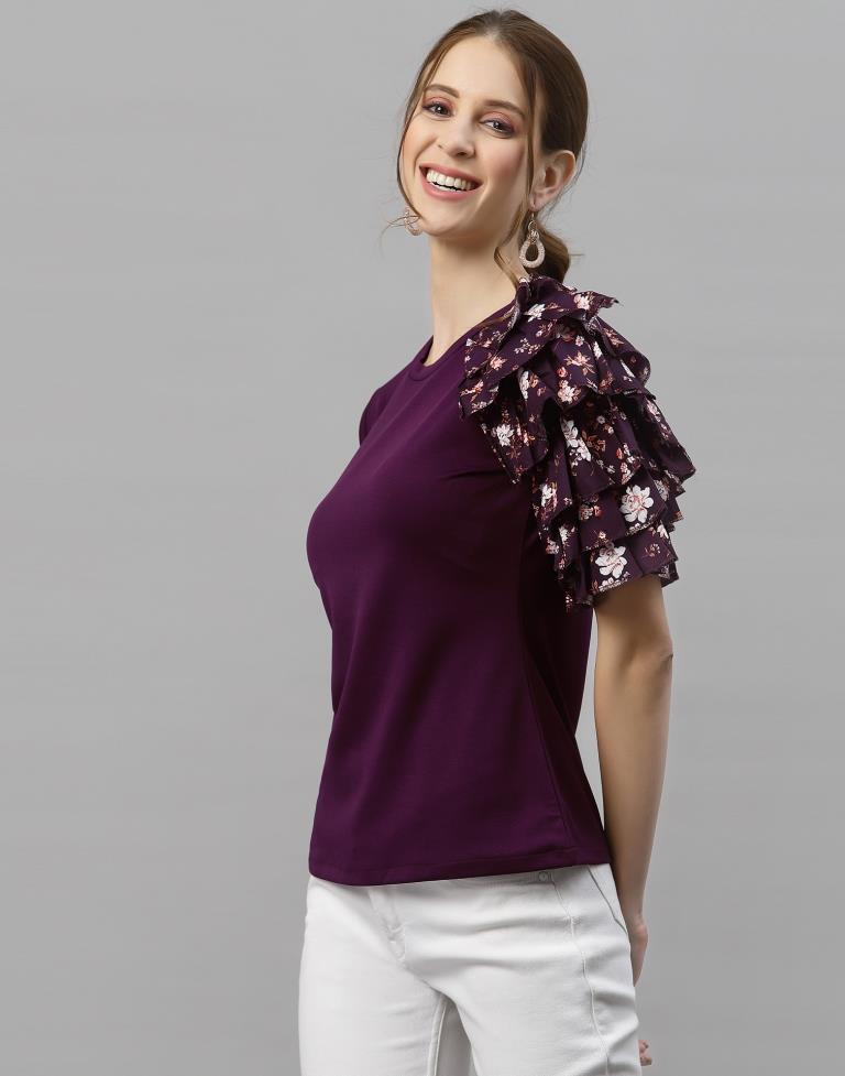 Wine One Side Ruffled Sleeve Top | Sudathi