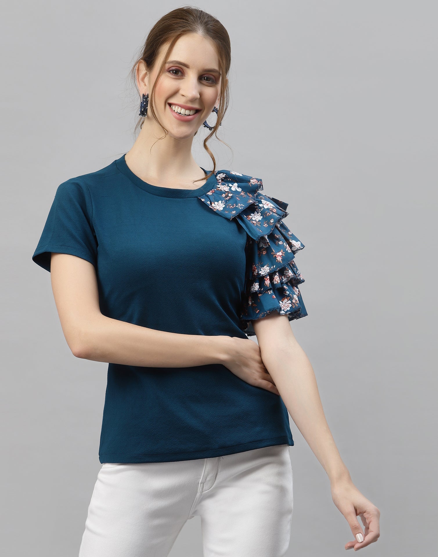 Teal One Side Ruffled Sleeve Top | Sudathi