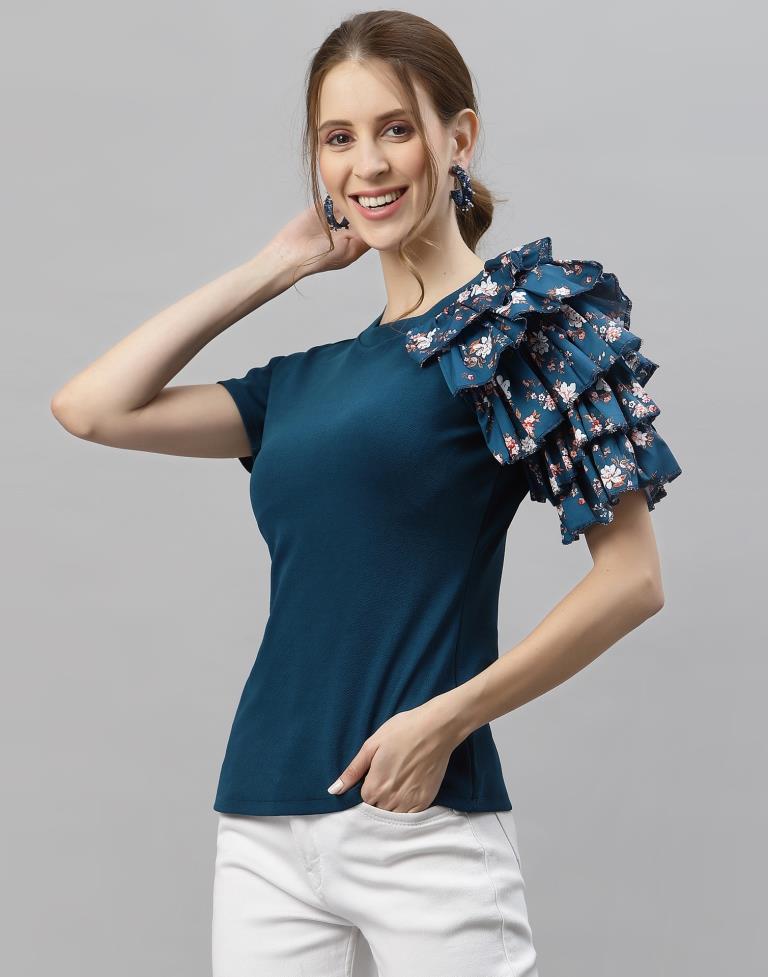 Teal One Side Ruffled Sleeve Top | Sudathi
