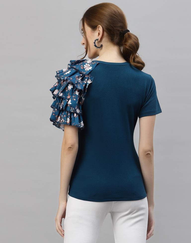 Teal One Side Ruffled Sleeve Top | Sudathi