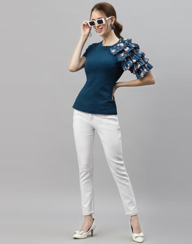 Teal One Side Ruffled Sleeve Top | Sudathi