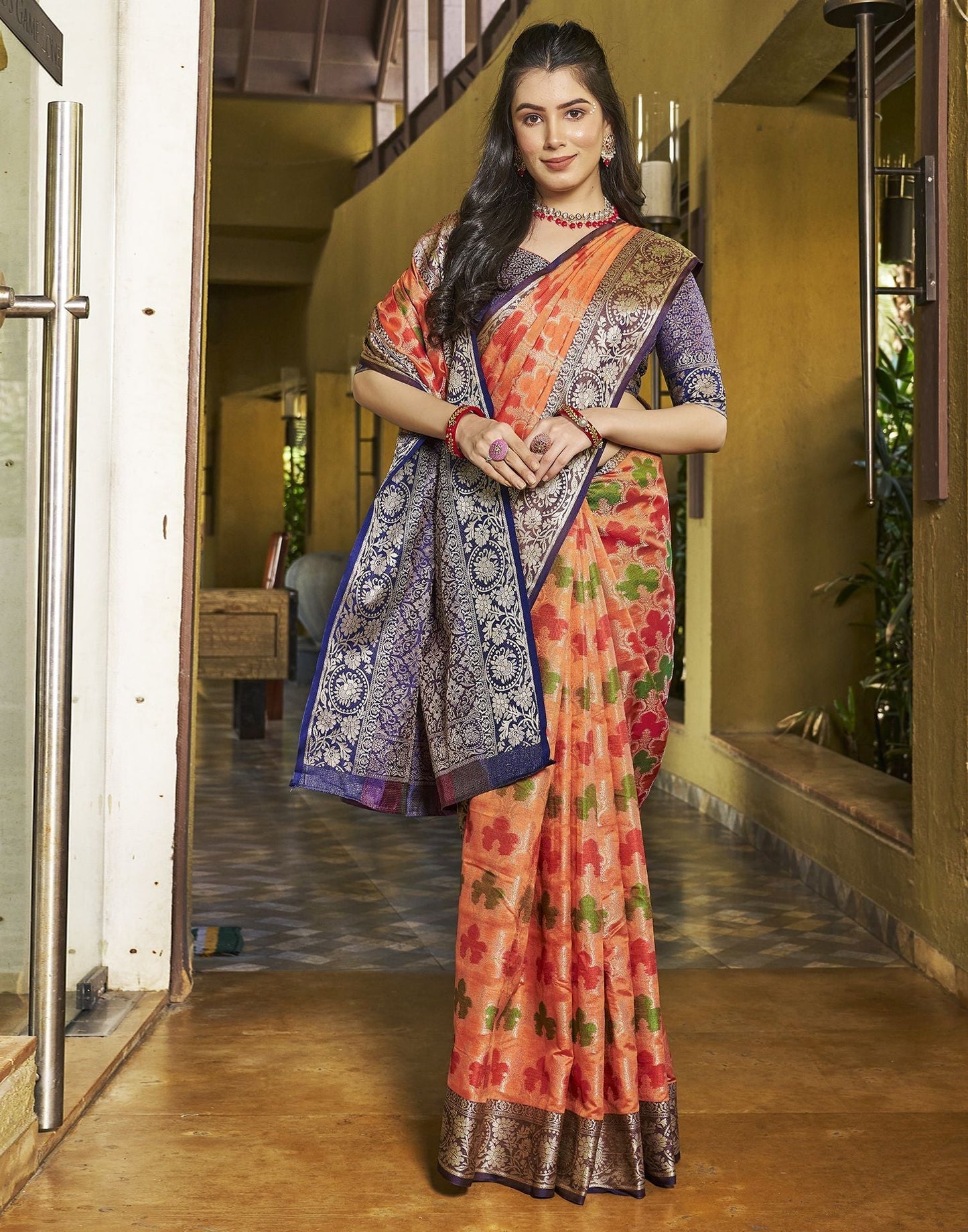 Orange Banarasi Silk Saree