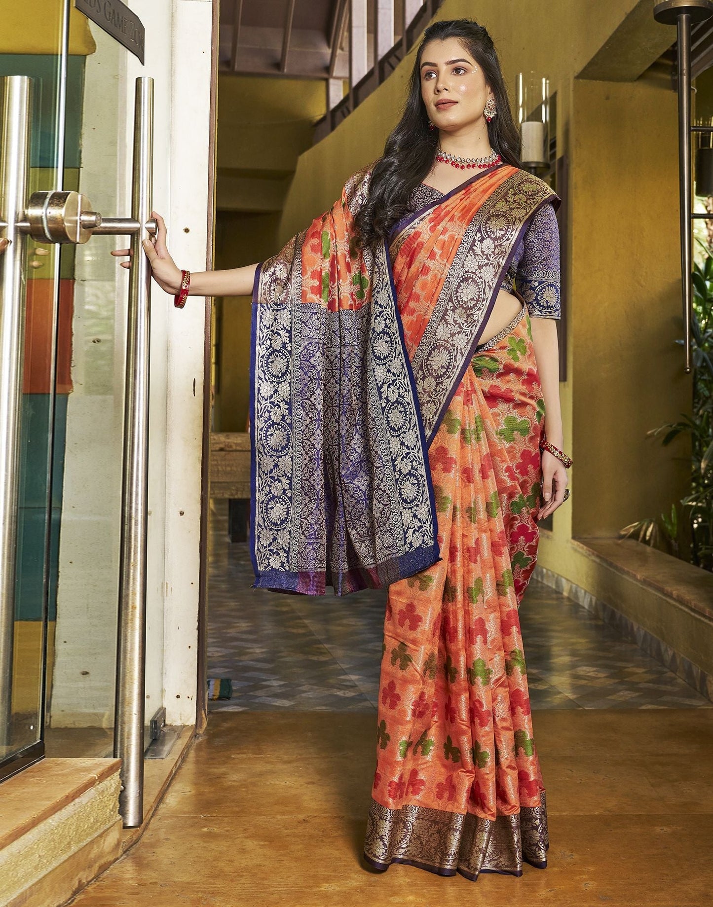 Orange Banarasi Silk Saree