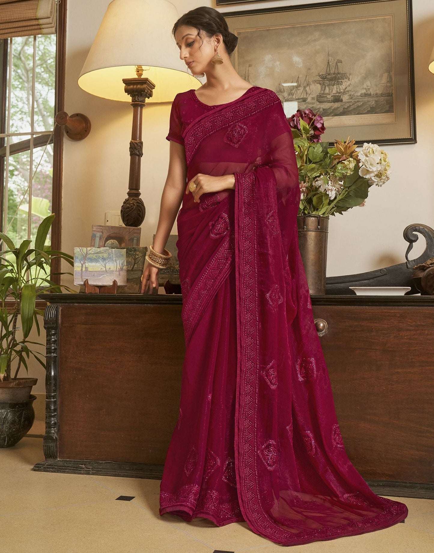 Hot Pink Plain Chiffon Saree