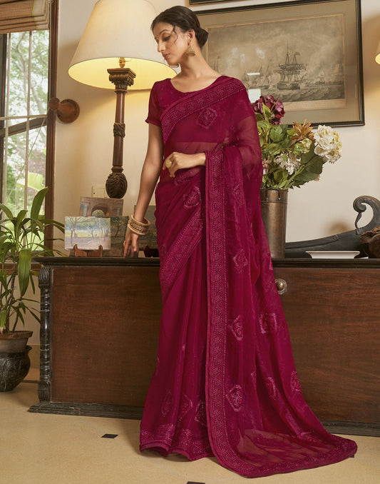 Hot Pink Plain Chiffon Saree
