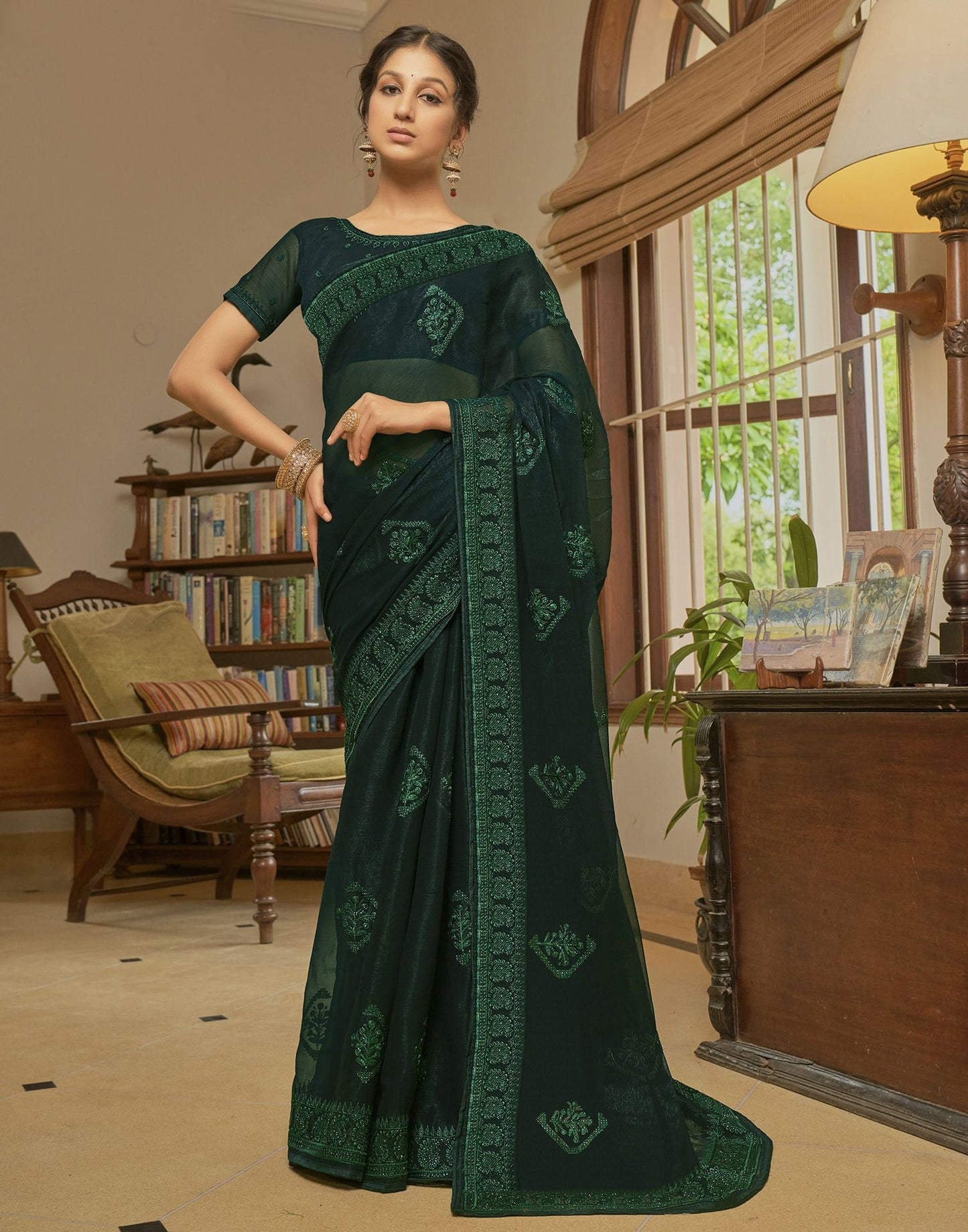Dark Green Plain Chiffon Saree