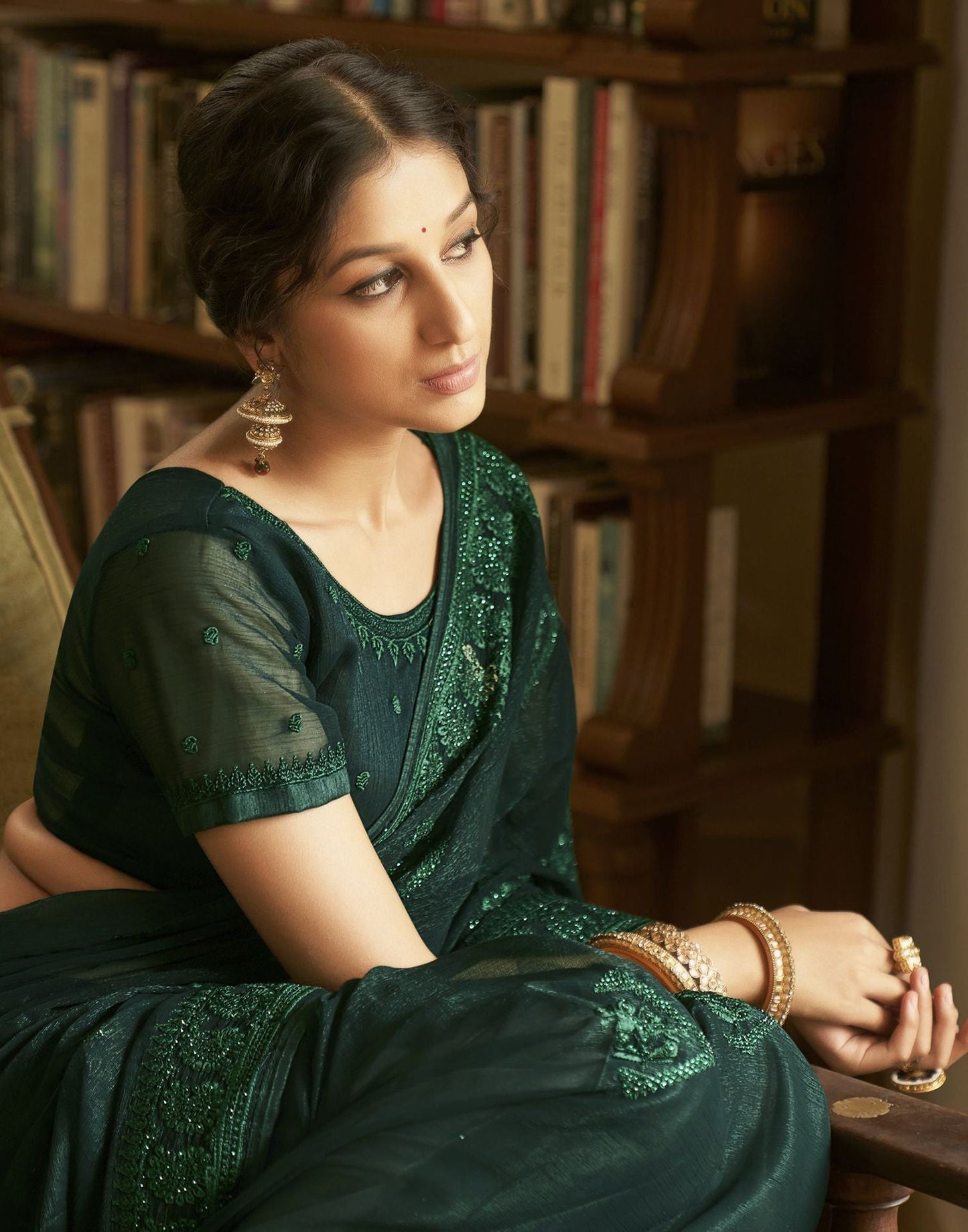 Dark Green Plain Chiffon Saree