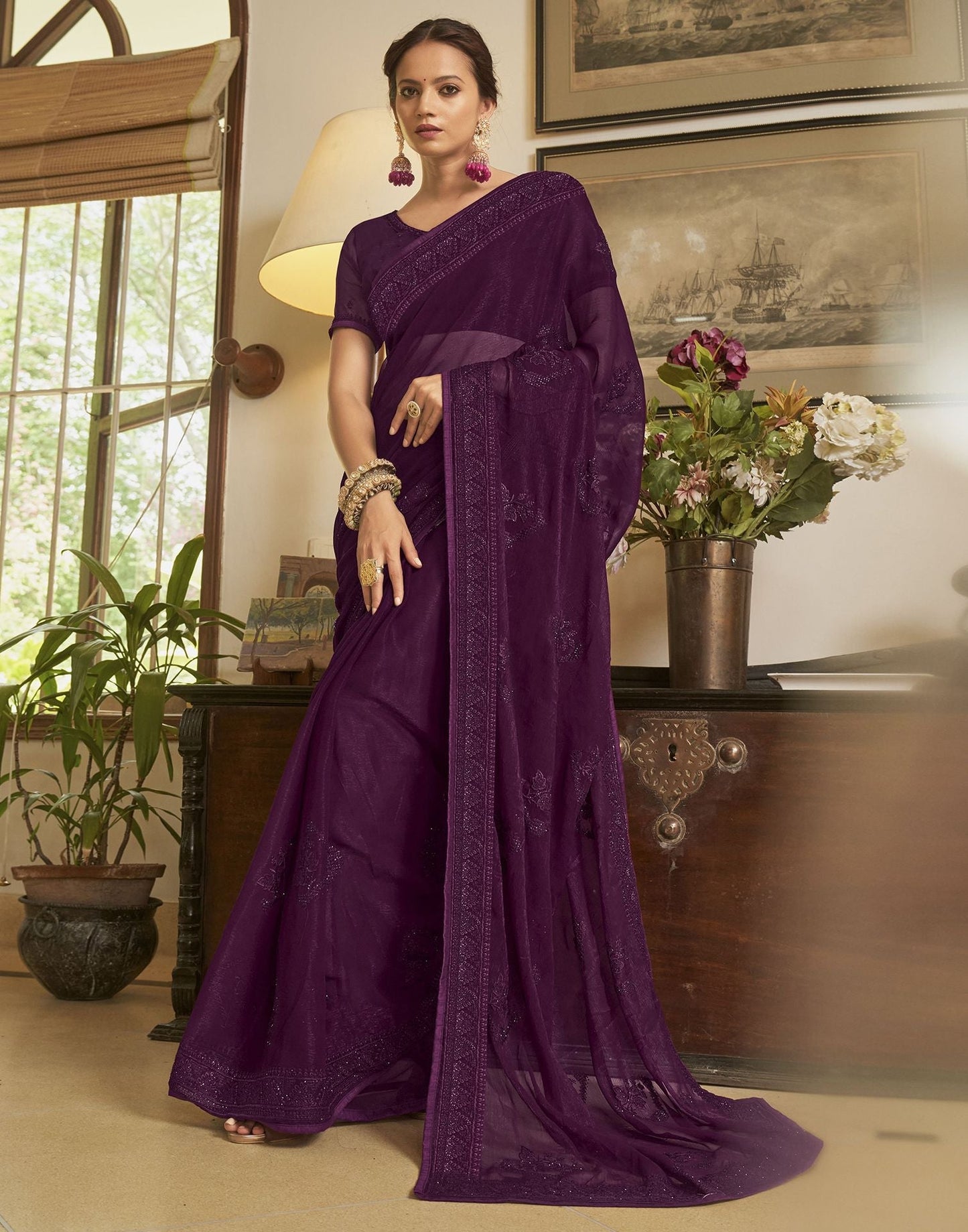 Wine Plain Chiffon Saree