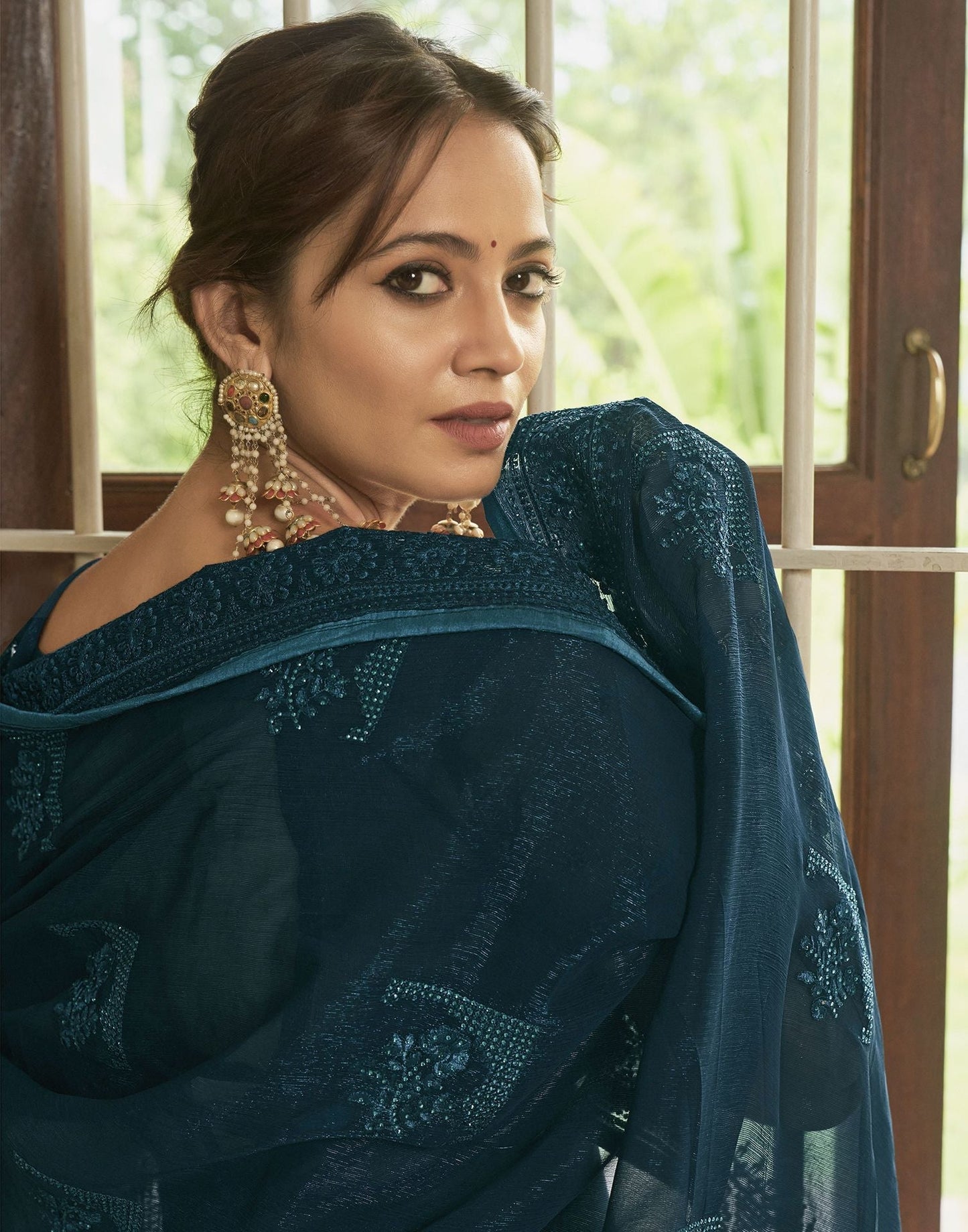 Dark Teal Plain Chiffon Saree