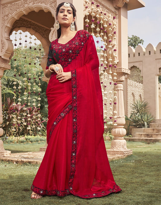 Red Plain Chiffon Saree