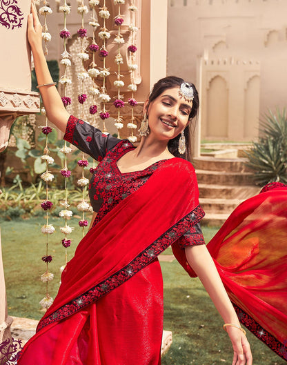 Red Plain Chiffon Saree