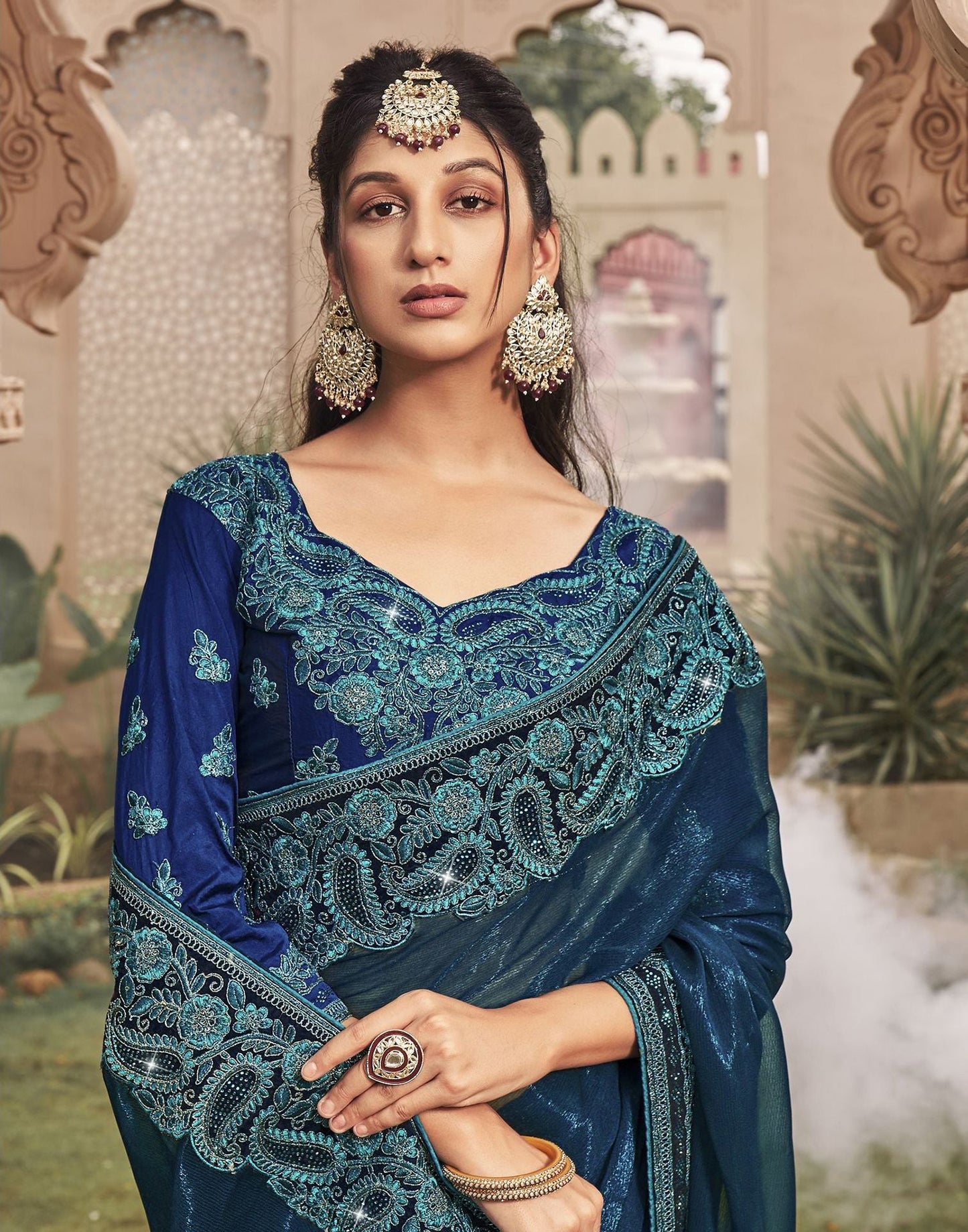 Dark Teal Plain Chiffon Saree