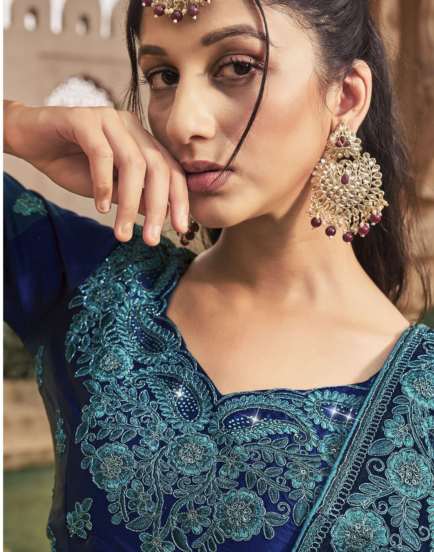 Dark Teal Plain Chiffon Saree