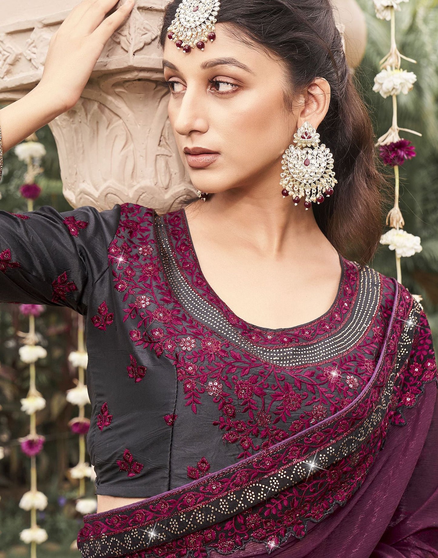 Wine Plain Chiffon Saree