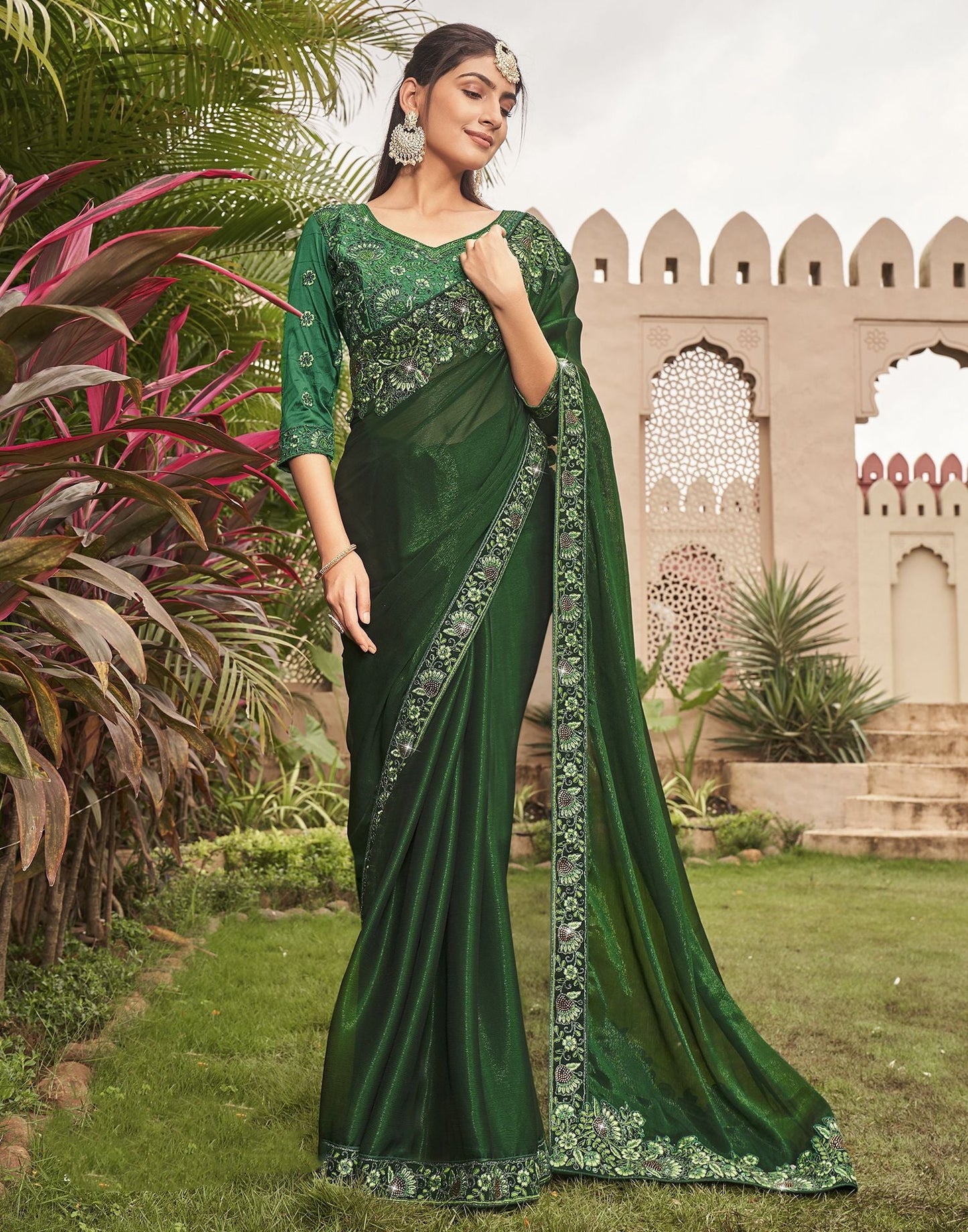 Bottel Green Plain Chiffon Saree