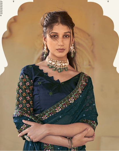 Dark Teal Blue Plain Chiffon Saree