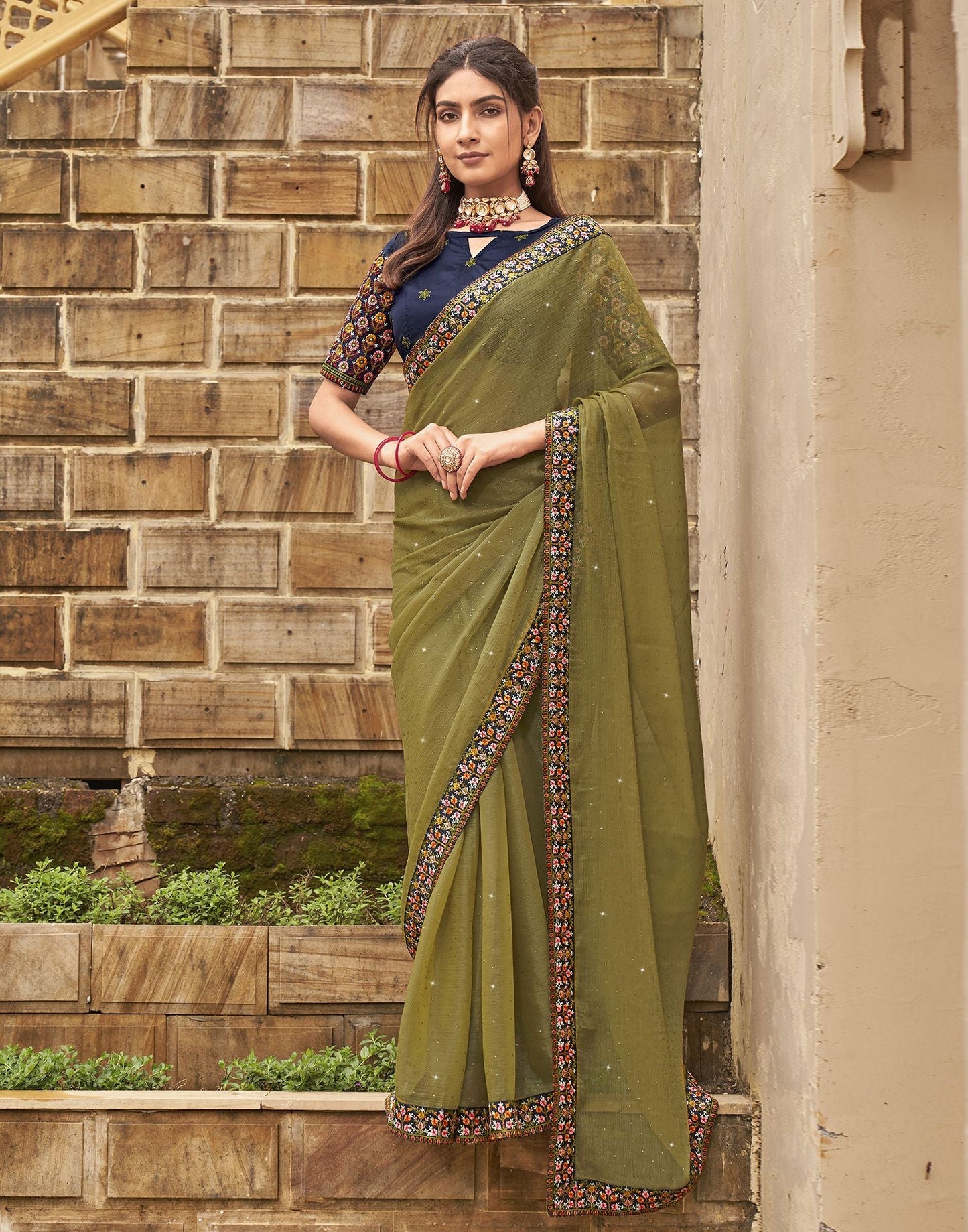 Light Olive Green Plain Chiffon Saree
