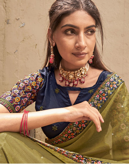 Light Olive Green Plain Chiffon Saree