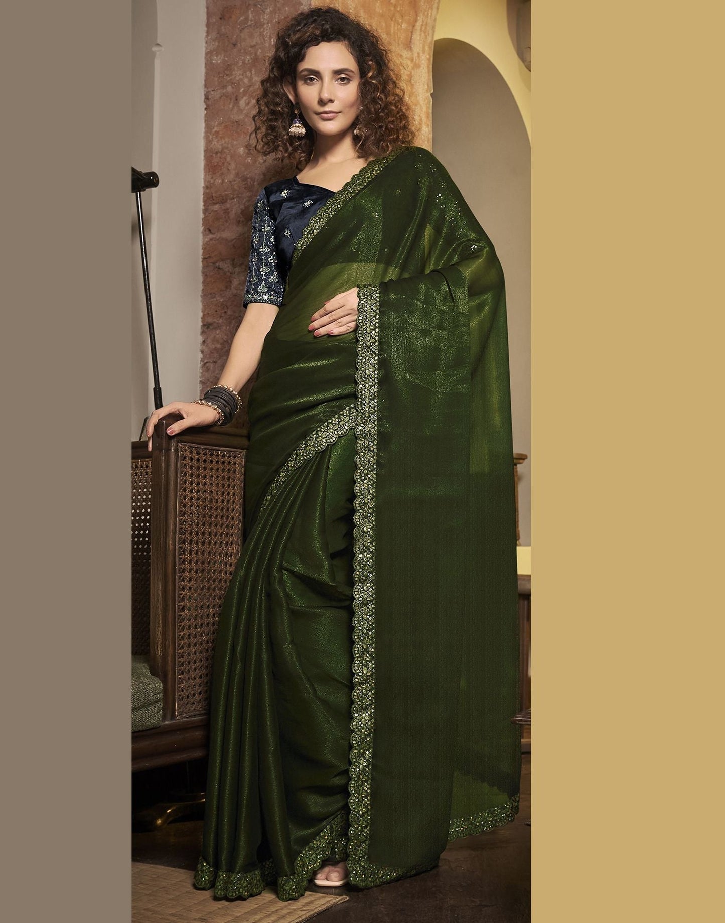 Dark Olive Green Plain Chiffon Saree