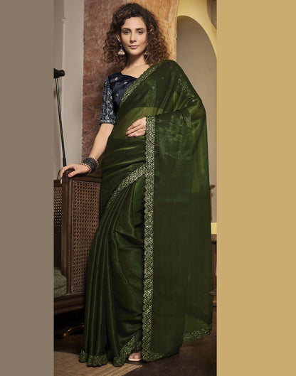 Dark Olive Green Plain Chiffon Saree