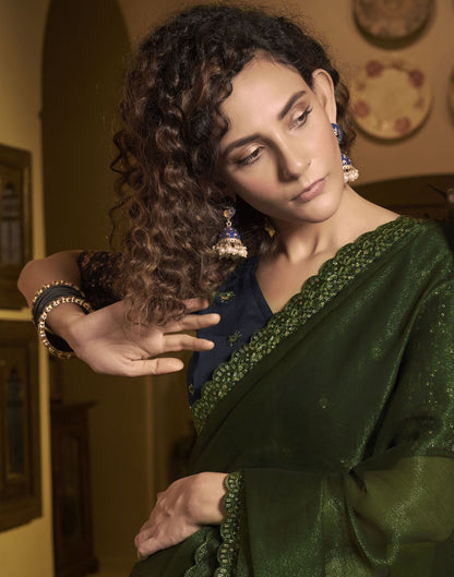 Dark Olive Green Plain Chiffon Saree