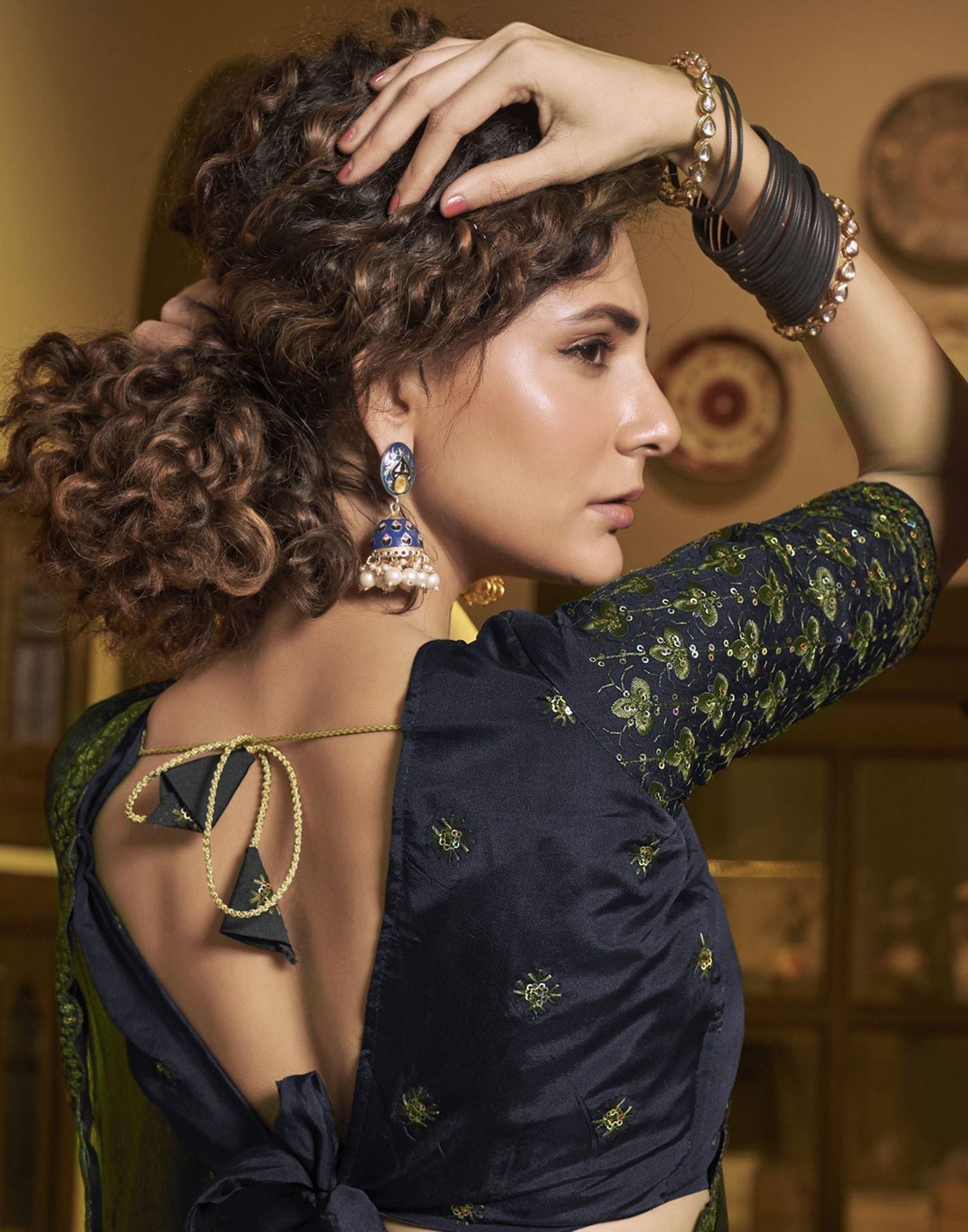 Dark Olive Green Plain Chiffon Saree