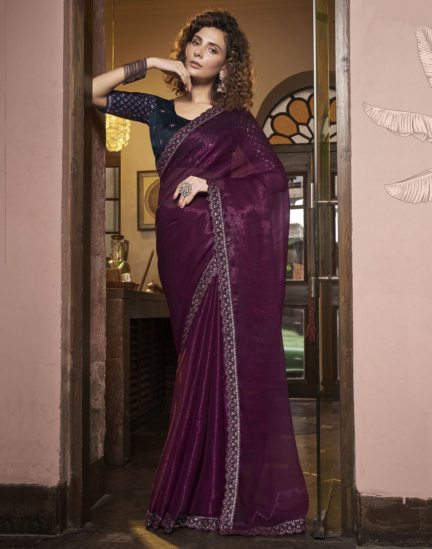 Wine Plain Chiffon Saree
