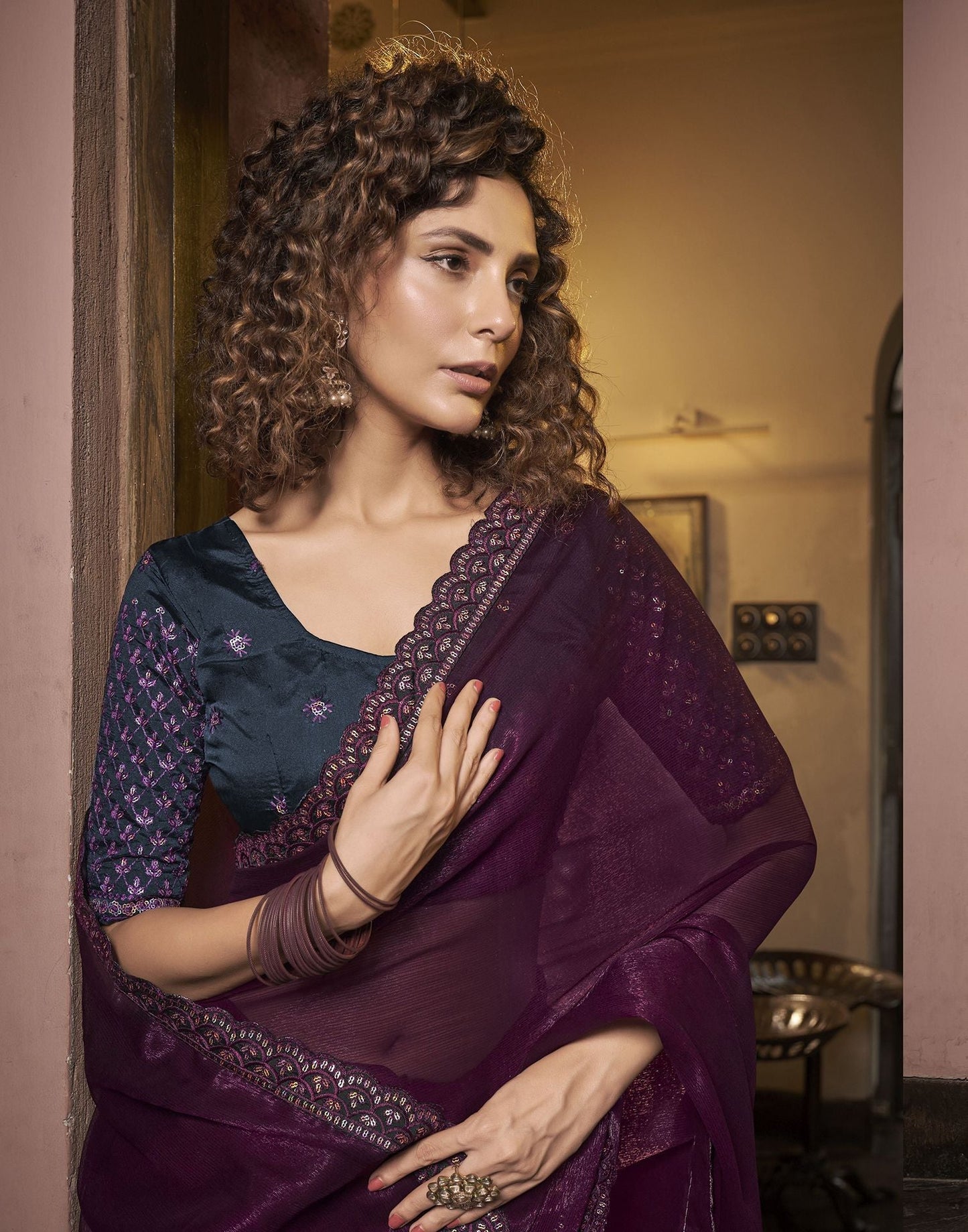 Wine Plain Chiffon Saree