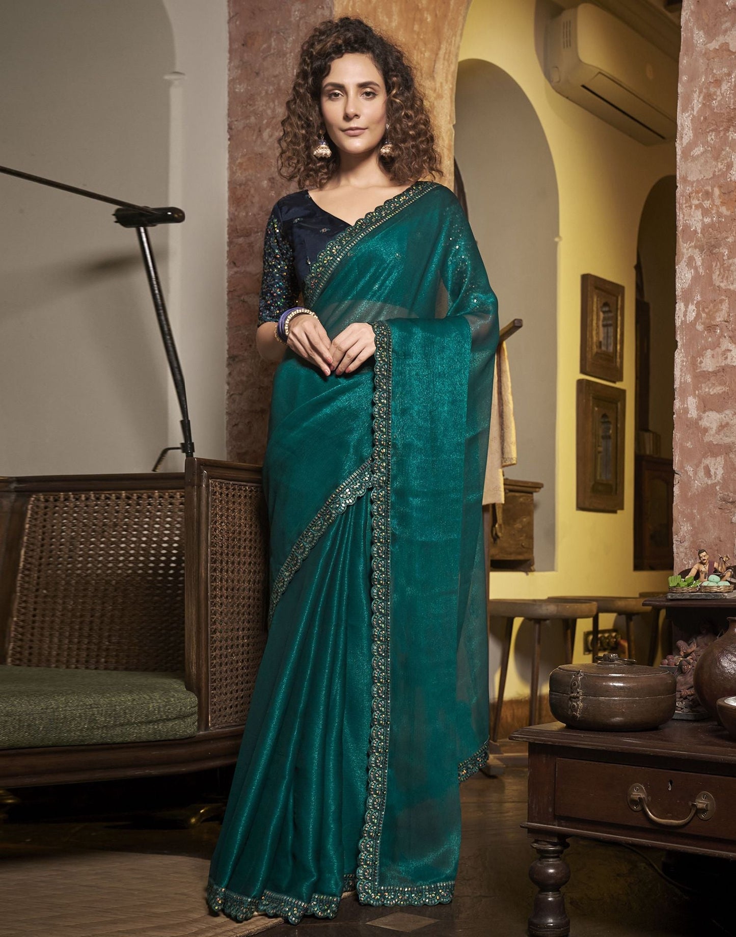 Rama Green Plain Chiffon Saree