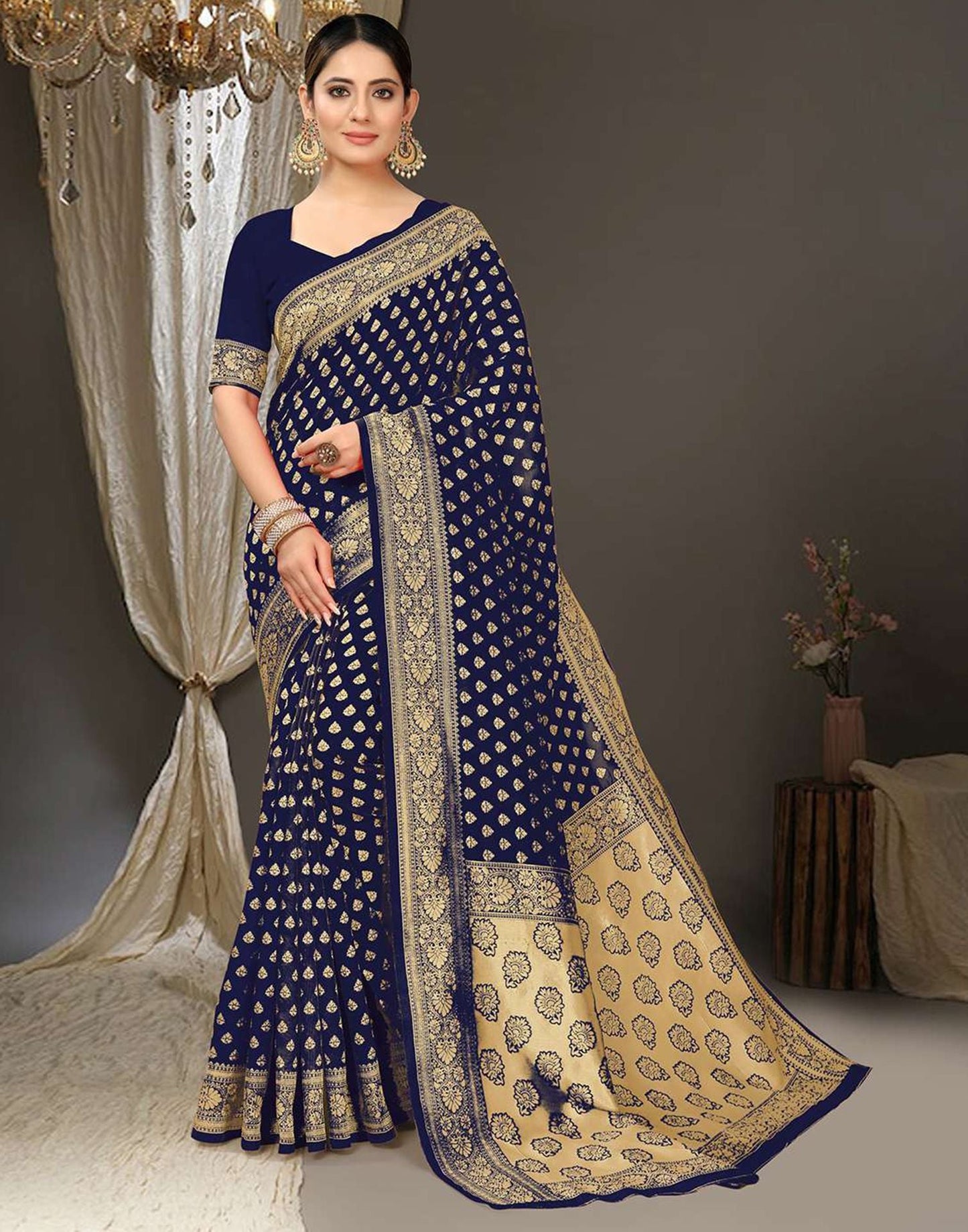 Navy Blue Jacquard Silk Saree