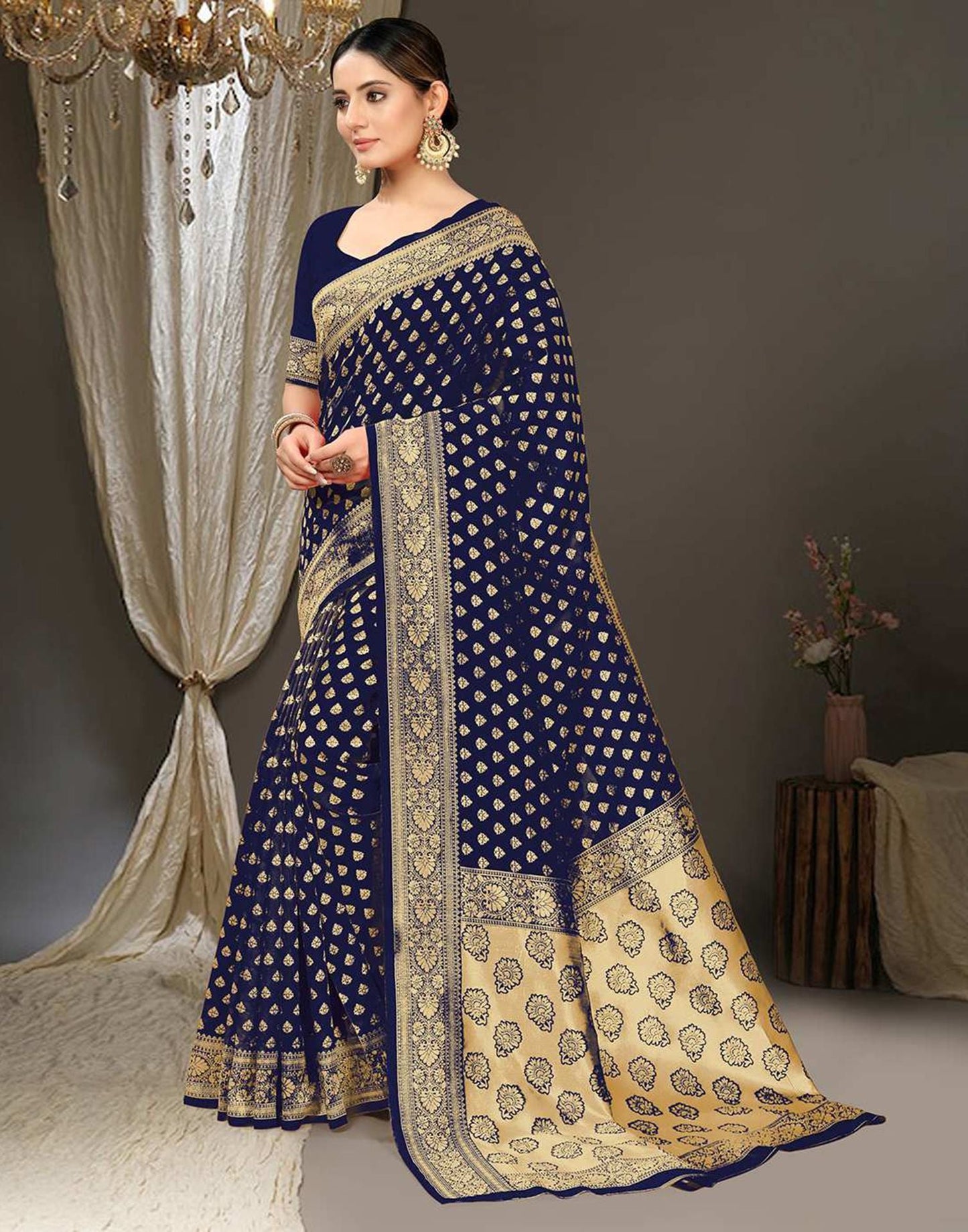 Navy Blue Jacquard Silk Saree