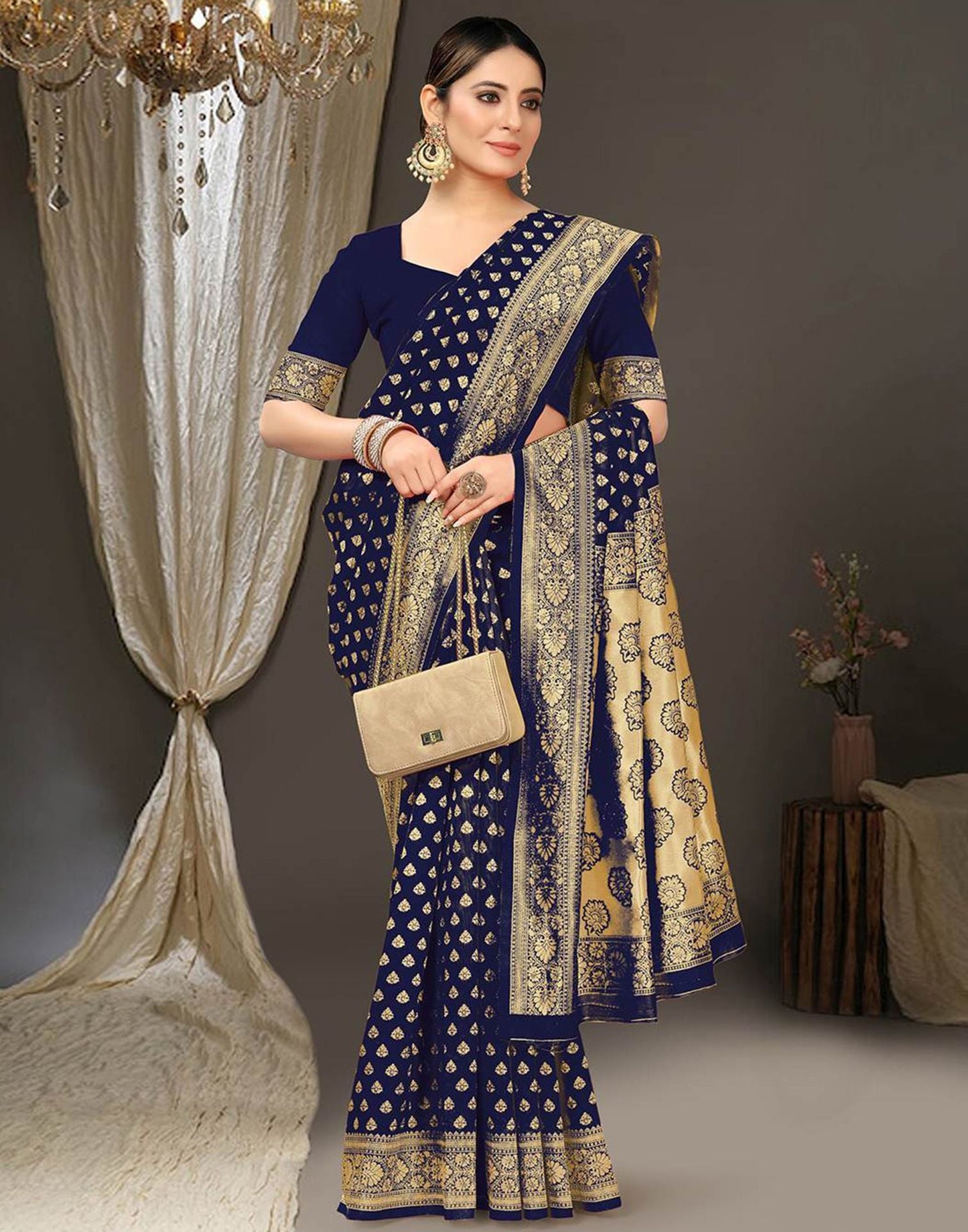 Navy Blue Jacquard Silk Saree