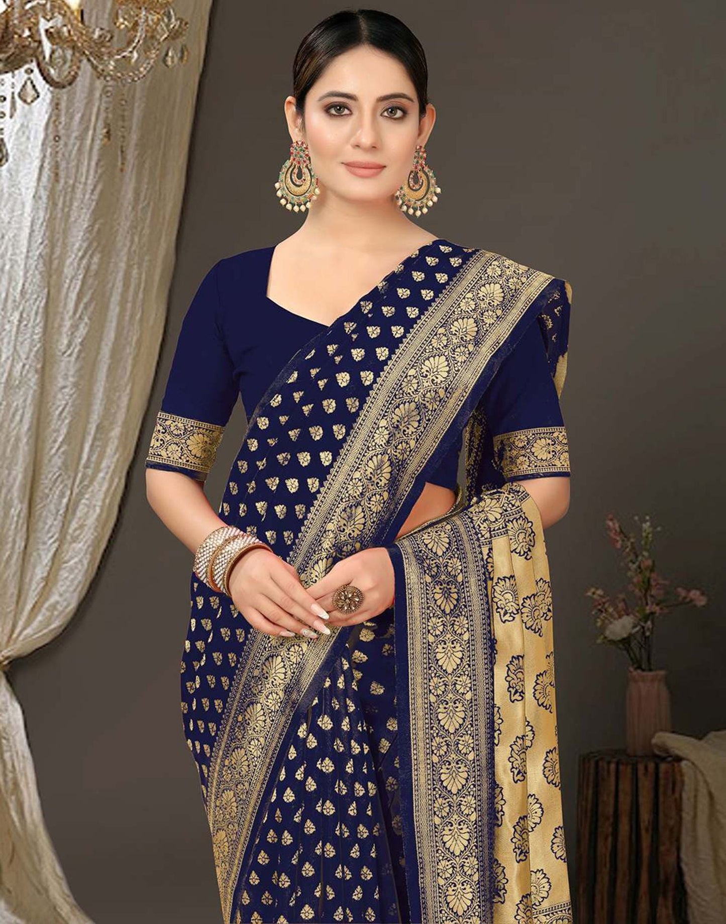 Navy Blue Jacquard Silk Saree