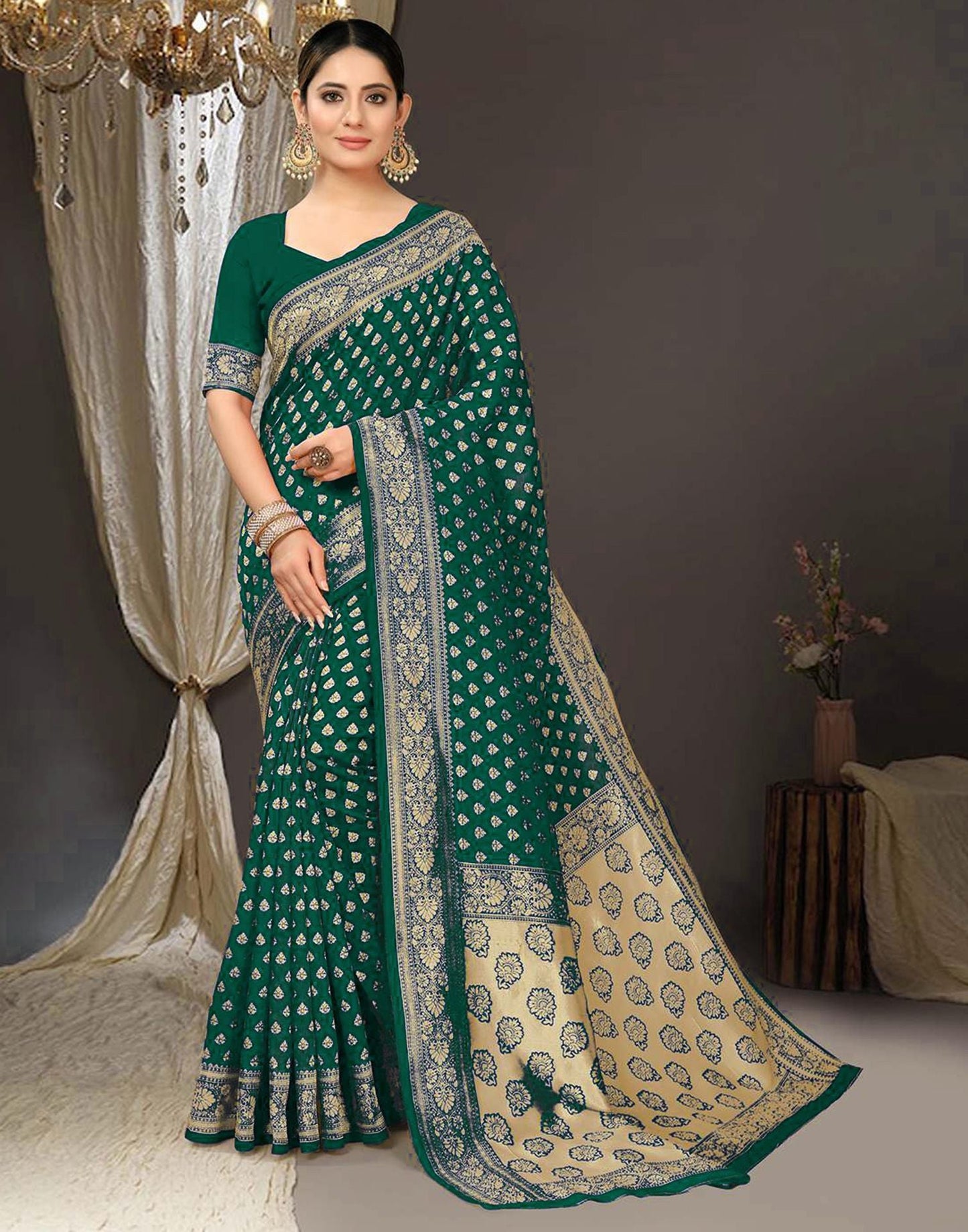 Bottle Green Jacquard Silk Saree