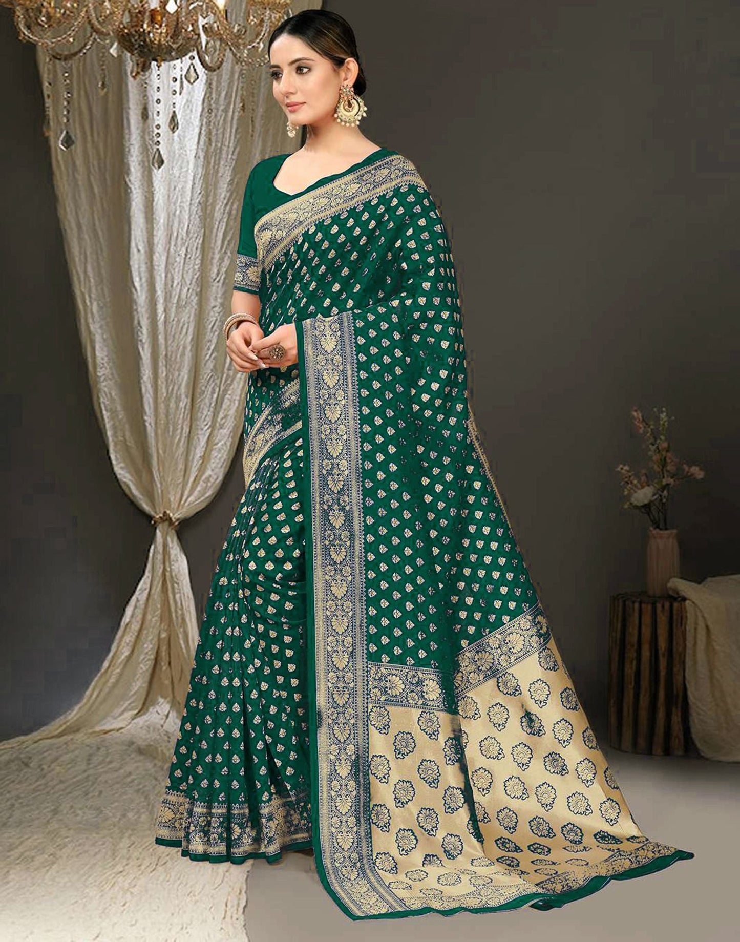 Bottle Green Jacquard Silk Saree