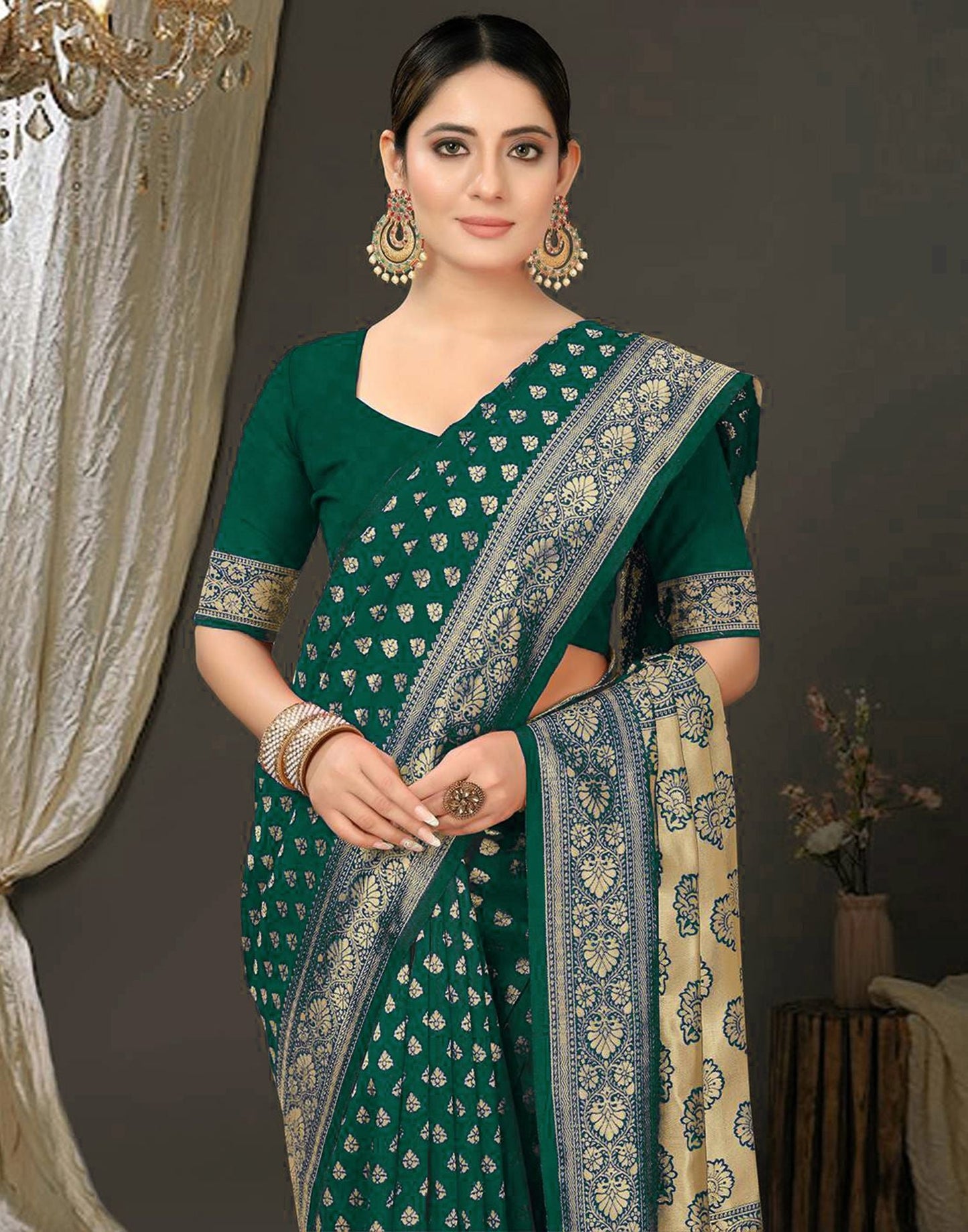 Bottle Green Jacquard Silk Saree