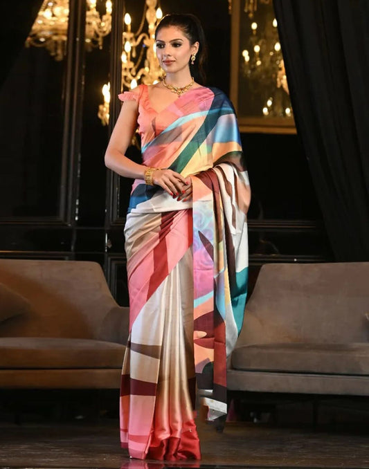 Multicoloured Printed Silk Saree