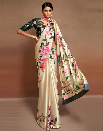 Beige & Multicolour Printed Silk Saree