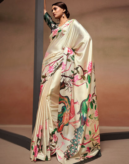 Beige & Multicolour Printed Silk Saree